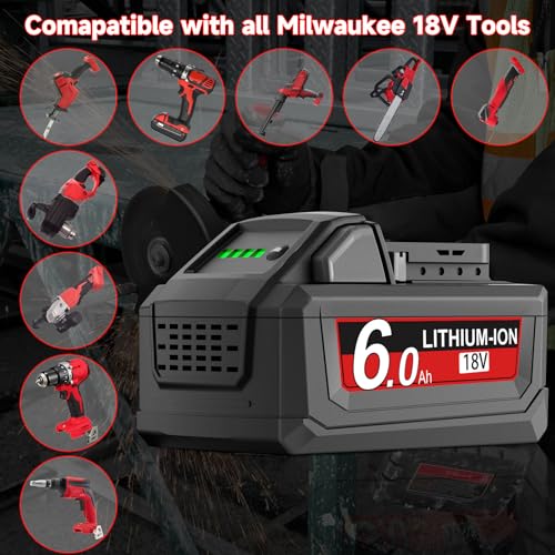 Image of 2Pack 6.0Ah Replacement for Milwaukee m18 Battery 18 Volt Lithium Battery 18V Compatible with 48-11-1810 48-11-1820 48-11-1840 48-11-1850 48-11-1828 48-11-1860 Cordless Power Tools