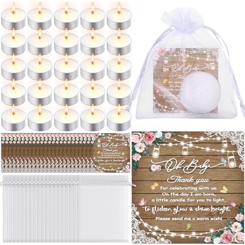 Threlaco 150 Pcs Baby Shower Party Favors for Guests Rustic Wood Baby Shower Gifts Include 50 Tea Light Candles 50 Rustic Floral Thank You Cards 50 Return Gift Bags for Gender Reveal Party Supplies