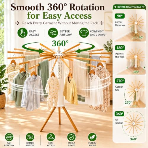 Image of Tripod Clothes Drying Rack Foldable & Rust Resistant Laundry Stand with 16 Solid Beech Wood Rods | Space Saving Indoor & Outdoor Dryer Stand for Clothes, Towels & Garments