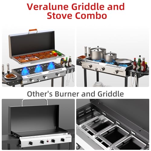 Image of 2-in-1 Propane Stove & Griddle Combo, 225,000 BTUs, Steel Cooking Surface | Outdoor Cooking Stove with Auto Ignition Button, Flat Top Grill, Outdoor Gas Griddle with Rolling Wheels