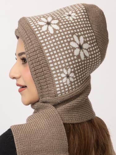 Image of AMOLDO Women's Winter Woolen Soft Warm Knitted Designer Muffler Beanie Cap with Fur | Fleece Printed Woolen Hat with Attached Scarf for Cold Weather