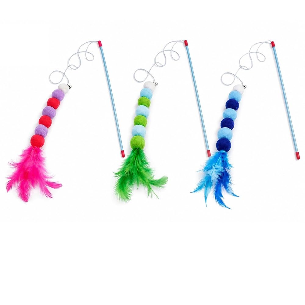 ZACAL Cat Toy Wand Teaser, Interactive Play Set with Rainbow Ribbon, Feather and Plush Worm Attachments, 3 Pack (Multi Pack 2)