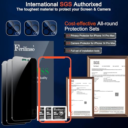 Image of Ferilinso Privacy Screen Protector for iPhone 14 Pro Max, Tempered Glass | 3 Pack, 9H+ Hardness, Military-Grade Shatterproof, Case Friendly, Easy Installation Bubble Free, with Camera Lens Protector