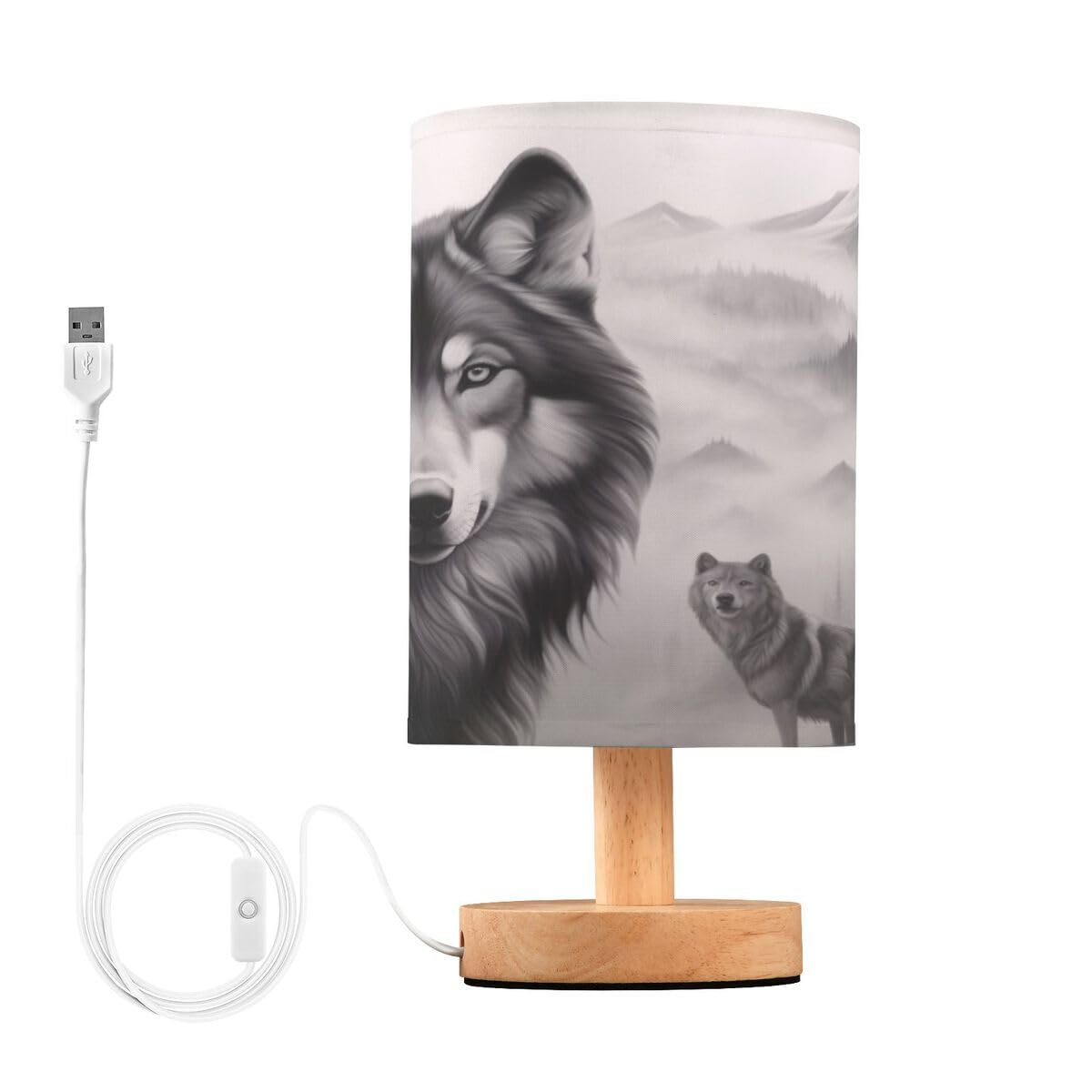 JUMBEAR Table Lamp,Grey Wolf Bedside Lamps Nightstand Lamps with Flaxen Fabric Shade for Bedroom Living Room,LED Bulb Included