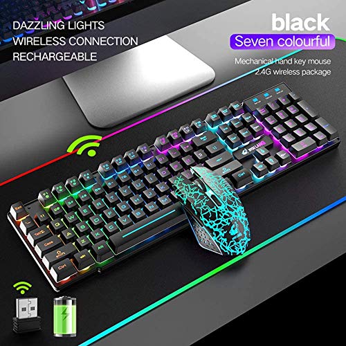 Wireless Gaming Keyboard And Mouse Combo With Rainbow Led Backlit Rechargeable 3800Mah Battery Mechanical Feel,7 Color Gaming Mouse,Mouse Pad For Windows Pc Gamers(Black) #TOP7