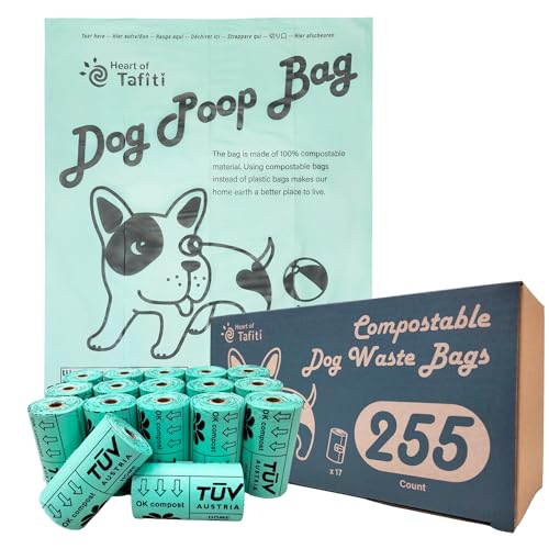 Heart of Tafiti Home Compostable Dog Poop Bags, Plant-Based Dog Waste Bags - 255 Count, Extra Thick & Leak Proof, Unscented Flat Bags, Biodegradable & Eco-Friendly 9 x 13 Inches