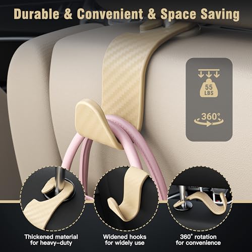 Image of Amooca Car Seat Headrest Hook 4 Pack Hanger Universal Vehicle Car Storage Organizer for Handbag Purse Coat S Type Checkered Beige