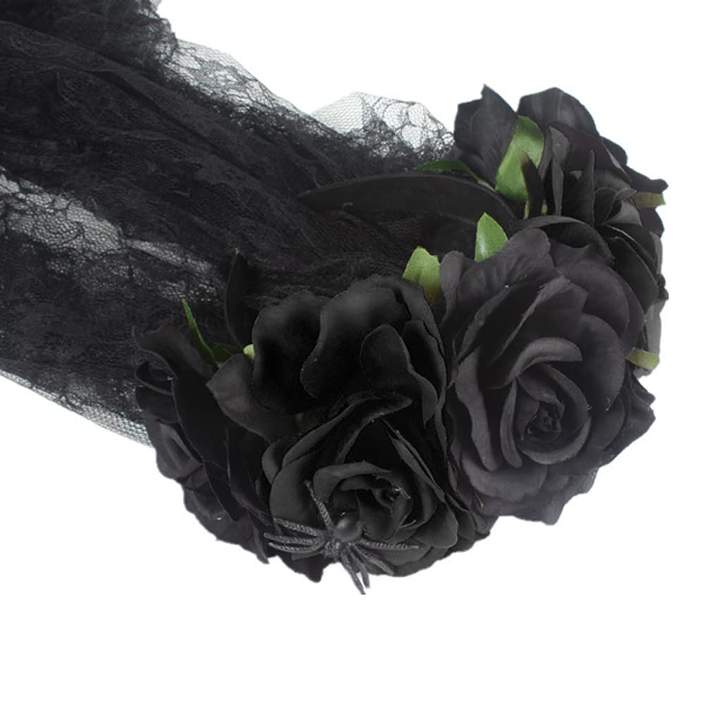 Cerchietto Halloween Con Velo Nero E Corona Di Fiori – Fascia Floreale Per Capelli, Accessorio Cosplay Giorno Dei Morti