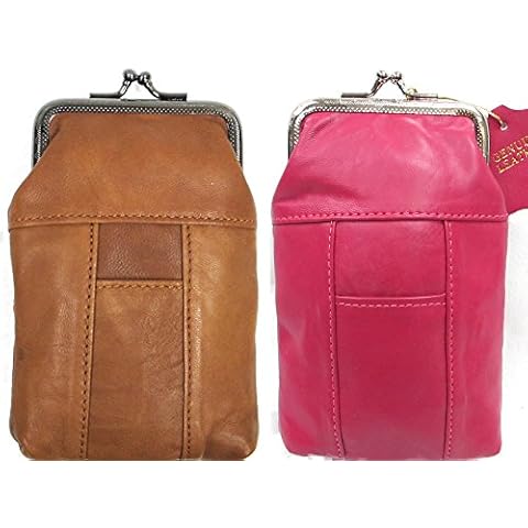 Two Piece in Two Color Set Genuine Soft Leather Cigarette Pouch w/Lighter Pocket Fit 120's Brown + HOT-Pink Cover