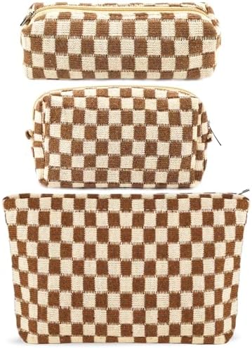 3Pcs Checkered Makeup Bag for Women...