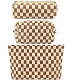 ZLFSRQ 3Pcs Checkered Makeup Bag for Women Large Cosmetic Bag Set Travel Toiletry Bag Makeup Pouch Bag for Purse Brown Zipper Storage Bag Organizer Cute Small Aesthetic Girls Car Essentials Bag