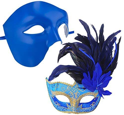 Coxeer Couple Masquerade Masks Blue Venetian Halloween Mask Mardi Gras Masks