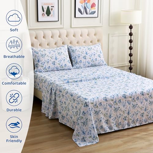 Image of Mooreeke Cozy Vintage Microfiber Printed Queen Sheet Set - Soft & Breathable Percale Blue Green Floral Bed Sheets with Extra Deep Pocket - Non-Slip Fitted Design - Blue Green Flower Pattern