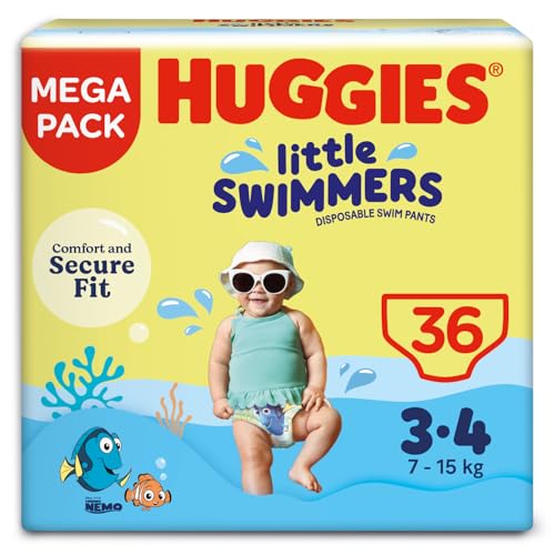 Huggies Little Swimmers Swim Nappies - Size 3-4 36 Baby Swim Pants - Leak Guards and Stretchy Waistband Protect Without Swelling - Tear Sides for Easy Removal