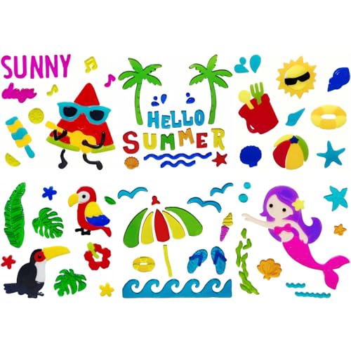Gift&Fun 6 Sheets Summer Gel Window Clings Colorful Tropical Theme Stickers Hello Summer with Mermaid Watermelon Palm Trees 7.9 x 7.9 Inches