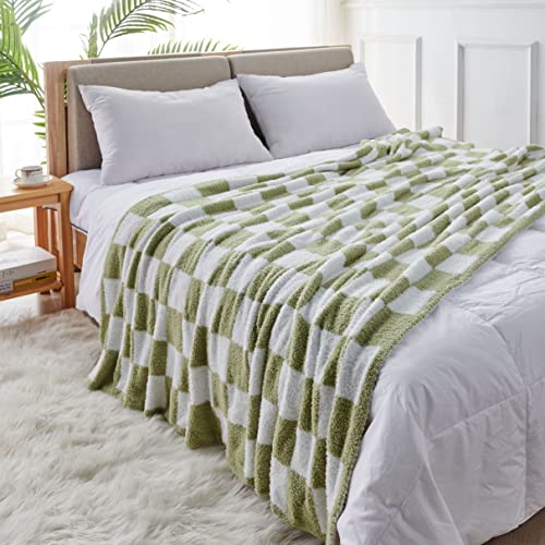 Brichoee Throw Blankets Checkered Reversible Microfiber Blankets, Super Soft Warm Cozy Fluffy Blankets For Couch Bed Sofa Camping Travel (Green, 60"X80") #TOP1