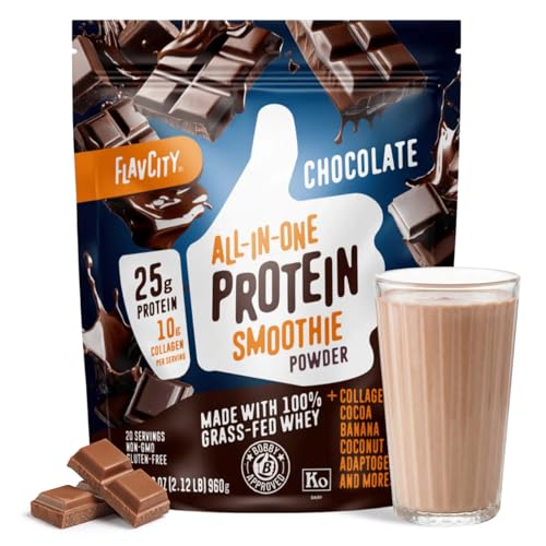 FlavCity Chocolate All in One Protein Shake Powder - On the Go Meal Alternative + Collagen Peptides Reishi & Cordyceps - Focus Skin Hair & Joint Support - 100% Grass Fed Whey 20 Servings