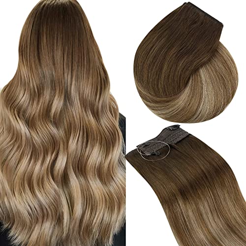 Sunny 12inch Remy Ombre Halo Human Hair Extensions Balayage Dark Brown Fading to Golden Brown Mixed with Blonde Wire Hair Extensions Human Hair Double Weft 80g