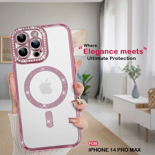 Image of AESTMO Back Cover for iPhone 14 Pro Max Compatible with MagSafe | Diamond Glitter Case | Luxury Bling Rhinestone Soft Clear TPU Bumper | Camera Lens Protection Cover for iPhone 14 Pro Max (Pink)