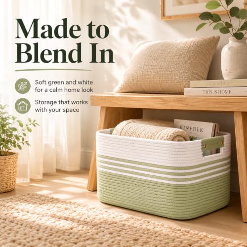 Image of 22.8GAL Xl Extra Large Laundry Basket for Bathroom, Dorm Dirty Clothes, Sturdy Portable Aesthetic Boho Cute Woven Storage Shoes Blanket Baskets for Living Room Decor Girls Boys Pets Toys White Green