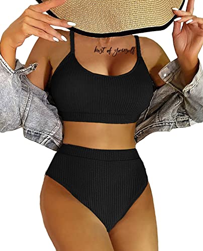 LUNNTE Bikini Damen Set Hohe Taille Bauchkontrolle Gerippte Crop Top...