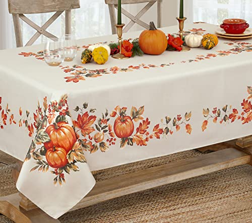 Lintex Thanksgiving Traditions Autumn Harvest Bordered Thanksgiving Tablecloth, Autumn Fall Leaves And Pumpkin Patch Border Print Easy Care Fabric Tablecloth, 52” X 52 Square #TOP4