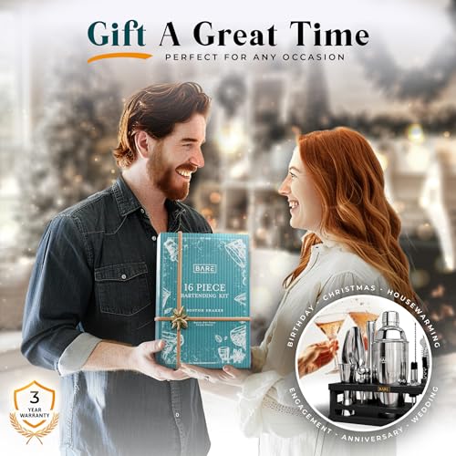 BARE BARREL® Mixology Bartender Kit Bar Set | 16-Piece Cocktail Shaker Set | Martini Barware Mixing Tools for Home Bartending | Incl. 35 Recipe Cards | Gift Set (24oz Cobbler Shaker, Silver/Black) - Image 5