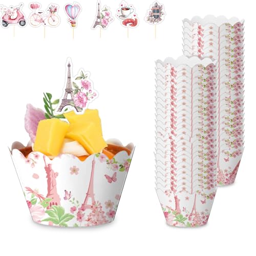 72 PCS Eiffel Tower Cupcake Liners & Toppers Set-Wedding Birthday Paris Party Four Seasons Decorations,Baking Wrappers,Festive DIY Cake Decor Supplies,Edible Cupcake Toppers