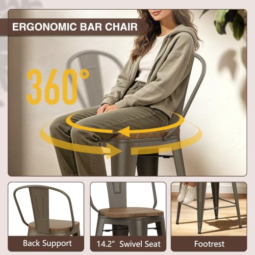 Butacos giratorios de bar de 24 pulgadas, juego de 4 sillas de altura para mostrador con estructura metálica y asiento de madera, estilo granja moderna para isla de cocina o comedor miniatura 4