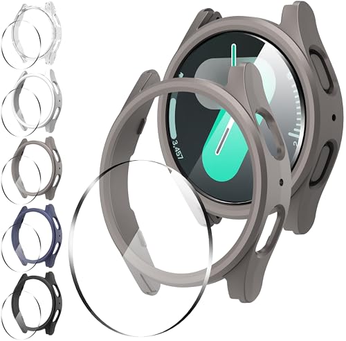 Suoman 5+5 Pack for Samsung Galaxy Watch 7 40mm Case, 9H Tempered Glass Screen Protector+ All-Round PC Matte Protective Cover Bumper -Black+Blue+Silver+Grey+Clear