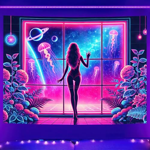 Image of BlissYard Sexy Girl Blacklight Tapestry Background Luminous Poster Jellyfish UV Tapestry for Bedroom Wall Decor Living Room Art Room Party Backdrop Decoration 78x59 Inch