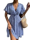Romwe Women's Short Sleeve V Neck All Over Print High Waist A Line Summer Short Dress Blue Ditsy Floral Print M