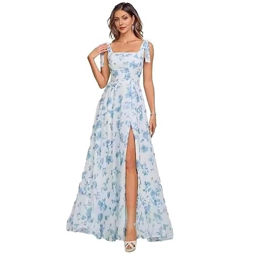 Chiffon Bridesmaid Dresses with Bow Square Neck Long Maxi Modest Formal Wedding Guest Dresses for Women