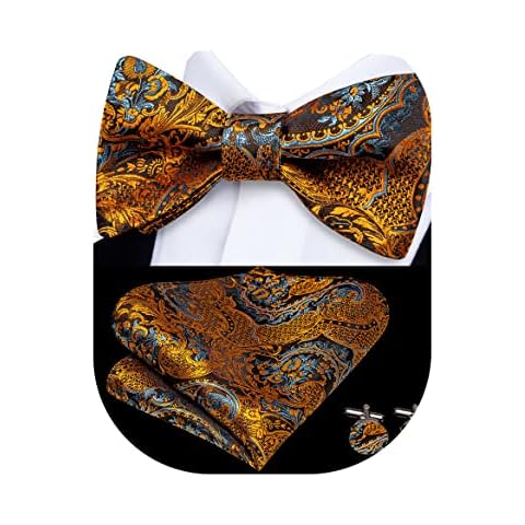 Dubulle Mens Self Bowtie Set Gold Bronze Bowtie Handkerchief Cufflinks Wedding Business Self Tie Bow Tie Cover