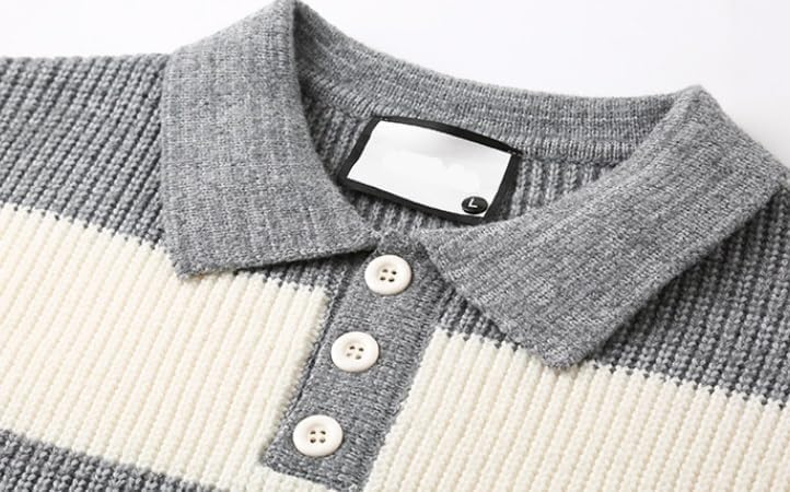 Mens Polo Collar Sweater Striped Color Block Loose Fit Lazy Style Trendy Casual Knitted Sweaters