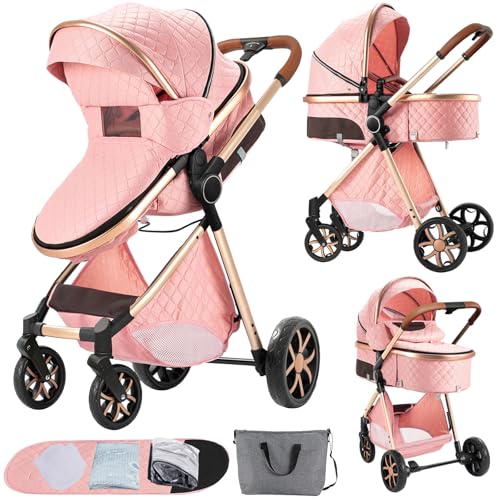 Nine point nine 2 in 1 Baby Stroller, Reversible Convertible Infant Stroller of One-Click Folding, Newborn Travel Strollers Toddler Standard Pram Carriage (225 Pink)