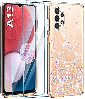 Leathlux Clear Glitter Case Compatible with Samsung Galaxy A13 4G / 5G with 2 Screen Protector, TPU Silicone Sparkly Bling Star Soft Cover Flexible Transparent Shockproof Cover