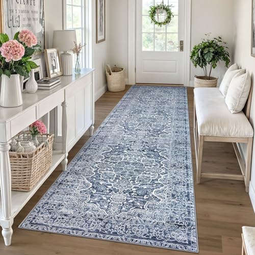 KUTA Vintage Washable Rug Runners 3x10, Blue White Non-Slip Kitchen Hallway Long Rugs 10ft with Rubber Backing, Printed Modern Soft Carpet for Entryway Indoor Dining Room