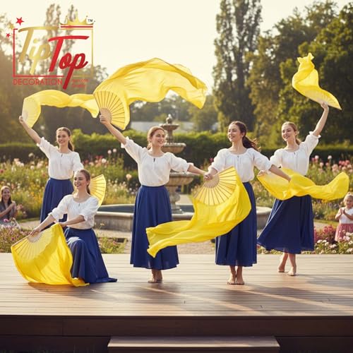 Image of Premium Dancing Long Veil Bamboo Folding Streamer Silk Hand Fan For Dance Shows (Dramatic Yellow, Pack of 2 Pieces)