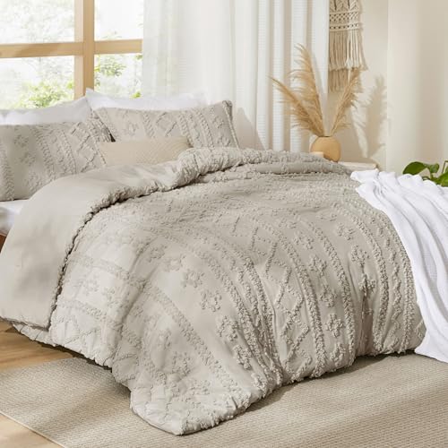 Bedsure Tufted Boho Comforter Set Full Size - Linen Boho Bed Set, GentleSoft™ 3 Pieces Farmhouse Shabby Chic Embroidery Bedding, Gifts for Woman, Soft Jacquard Full Comforter for All Seasons