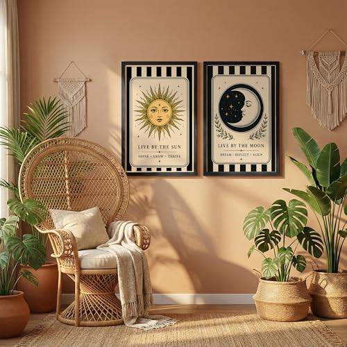 Image of NoWorries Sun & Moon Wall Art Set of 2, Celestial Boho Decor, Vintage Tarot Inspired Prints, Spiritual Wall Decor for Bedroom, Living Room & Meditation Space (Art-16, 13x19inch)