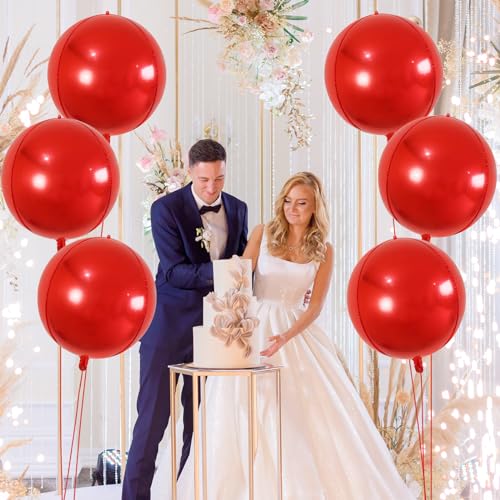 Image of Large Metallic Red Balloons 22 Inch Pack of 6 360 Degree 4D Round Red Metallic Balloons Red Chrome Balloons Red Foil Balloons Perfect for Christmas Decorations Party Balloons