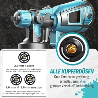 HVLP Pistola a Spruzzo a batteria con 2 batterie da 3000 mAh e caricabatterie, PVC serbatoio da 1000 ml, 3 ugelli e 3 modalità di spruzzo, Pistola per Verniciatore Elettrica per pareti, porte, legno