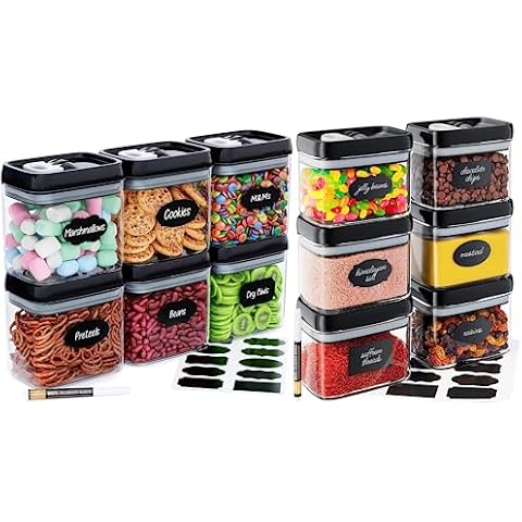 Chef's Path Airtight Food Storage Containers (12 Pack) for Kitchen & Pantry Organization - BPA Free Clear Plastic Containers with Lock Lids for Dry Snacks - Snack Containers with Labels & Marker Cover