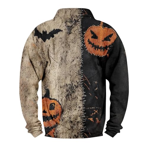 Mens Halloween Sweaters, Spooky Pumpkin Patch Face Patchwork Henley Sweatshirts,Vintage Distressed Holiday Clothes2