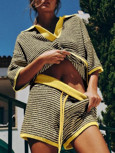 Image of Tankaneo Womens Sweater Set 2 Piece Outfits Oversized 3 /4 Sleeve V Neck Knit Tops High Waisted Shorts Lounge Sets