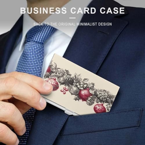Christmas Rnaments Pine Cones Holly Berries Vintage Business Card Holder, Pocket Slim Metal Business Card Case for Women Men3