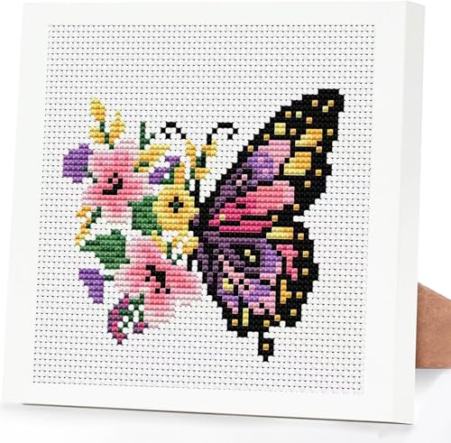 Image of Tiwabb Cross Stitch Kits for Adults Beginners,Butterfly Flower Stamped Cross Stitch Kits with Framed,Embroidery Kit for Beginners,Partial 11CT Cross-Stitch Arts and Crafts for Adults 7x7inch