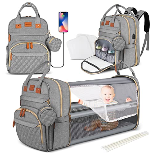 Image of HB HOMEBOAT Diaper Bag with Changing Station,Baby Diaper Bags for Baby Boy Girl Large Diaper Bag Multifunctional Large Diaper Backpack Baby Mom Bag with Bassinet Stroller Straps - Grey