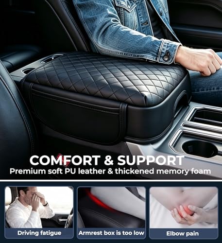 Image of Center Console Cover for Ford F250 /F350 /F450 /F550 Super Duty 2026 2025 2024 2023, Fits Bucket Seat Only, 1.2-Inch Thick PU Leather Armrest Cushion Protector with 2 Side Pockets, Black